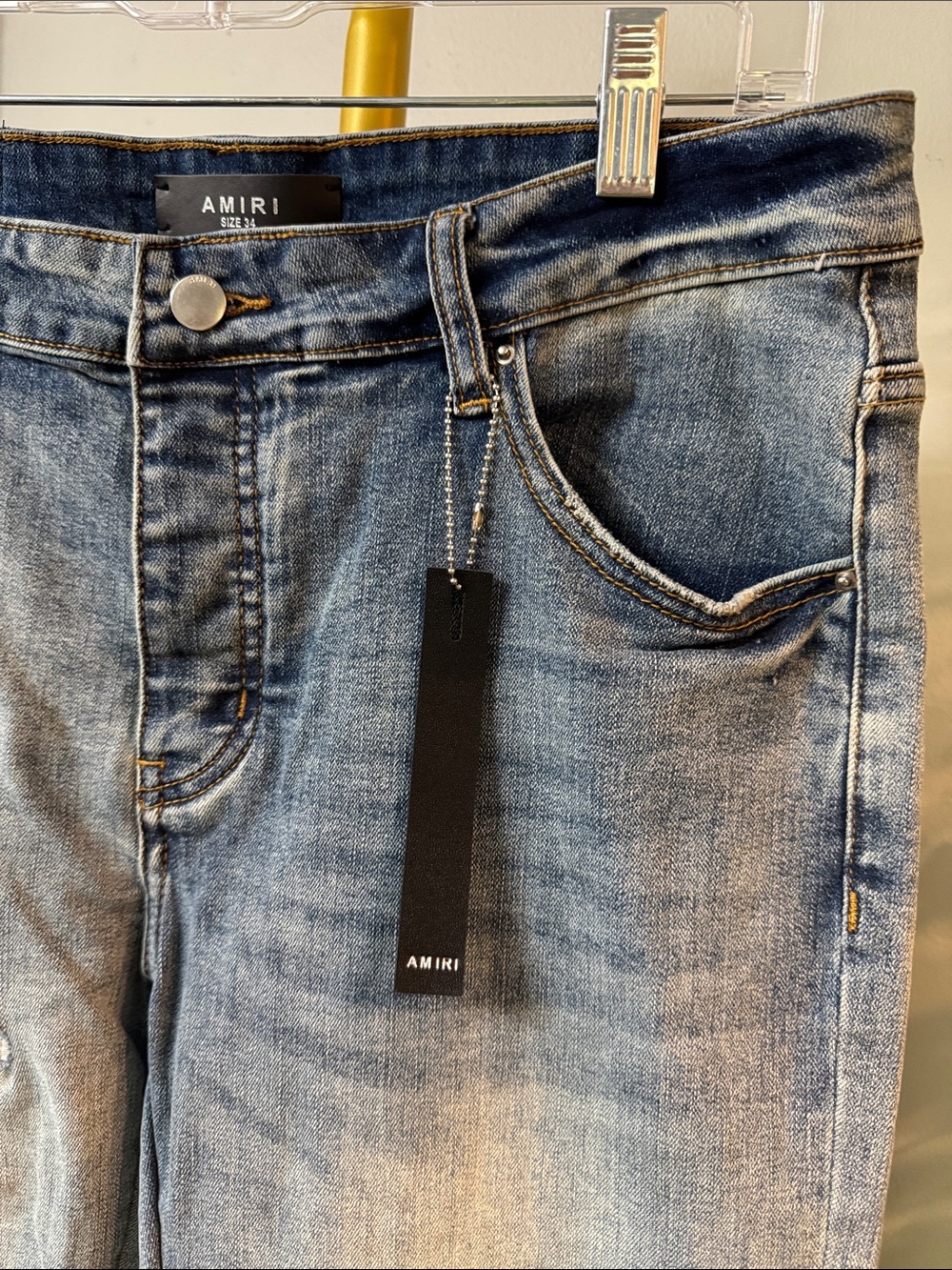 AMIRI Women's Light Blue Distressed Skinny Jeans with Embellished Patches EUC 34 - Picture 2 of 15